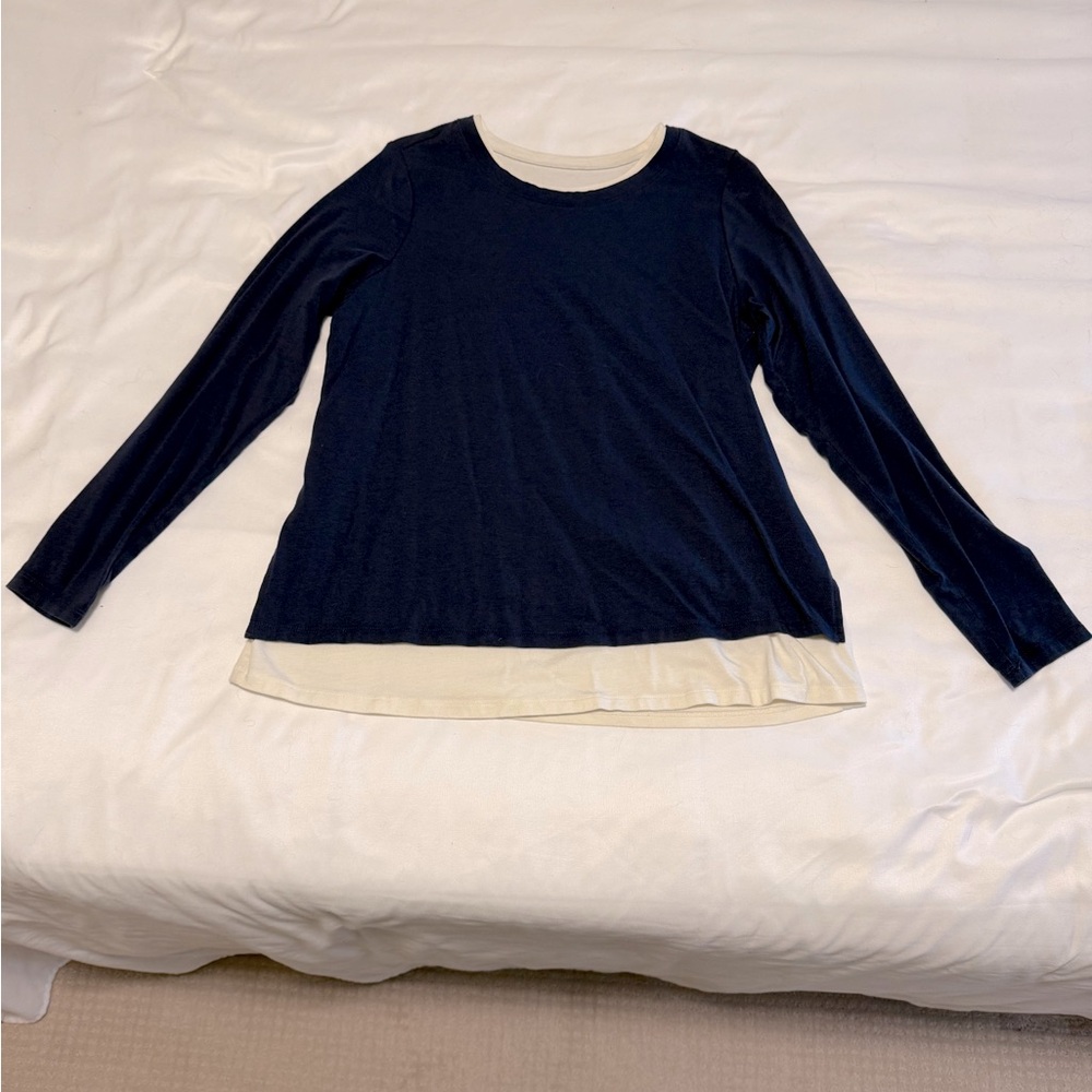 AnyBody Lounge Cozy Knit Two for One Top, Sz Small, Navy/Ivory